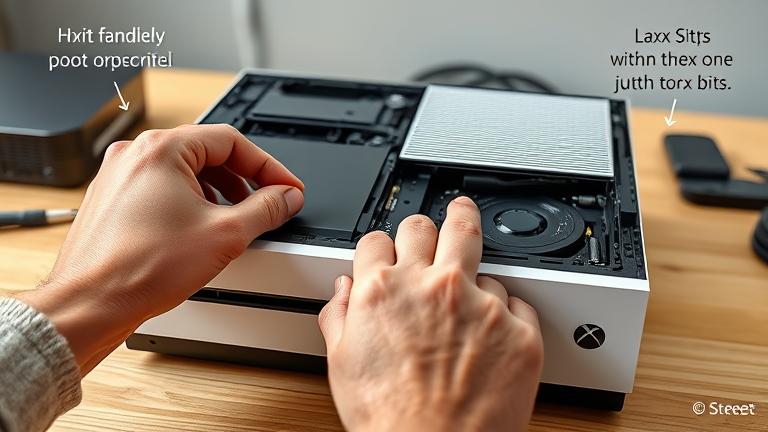 alt_text: Person opening an Xbox One with prying tools on a clean workbench, DIY repair scene.