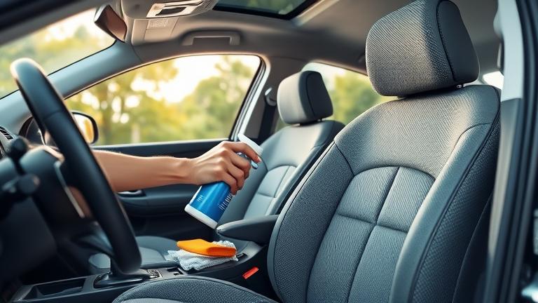 alt_text: Person cleaning car seat with shaving cream inside a bright, modern car interior.