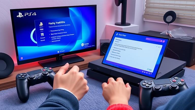 alt_text: Modern gaming setup with PS4, user with device, step-by-step guide for formatting.