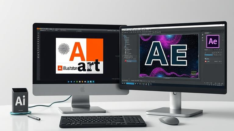 alt_text: Designer's workspace with Illustrator and After Effects, showing copy-paste workflow.
