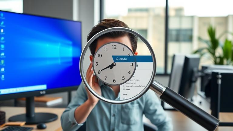 alt_text: Frustrated user faces missing clock on Windows 10, with troubleshooting elements in a modern office.