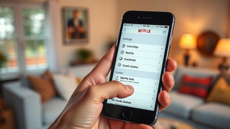 alt_text: iPhone 6 in hand with Netflix app open, in a cozy living room, showing account cancelation.