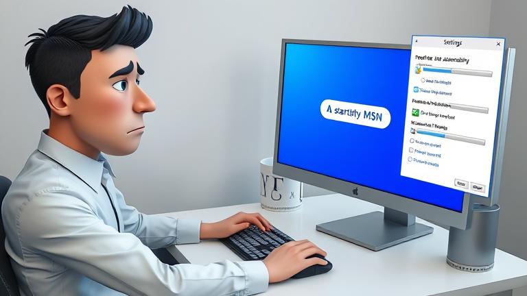 alt_text: Frustrated user at desk with MSN login on screen, troubleshooting startup issues.