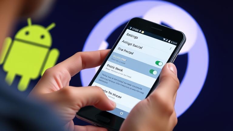 alt_text: Person blocking TikTok on Android with settings menu and Android logo in the background.