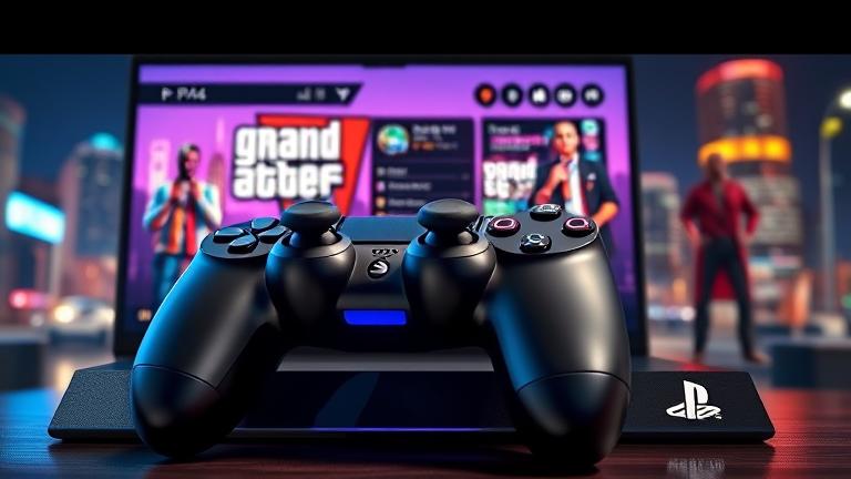 alt_text: PS4 controller on console with GTA V RP interface, cityscape, characters, and chat boxes.