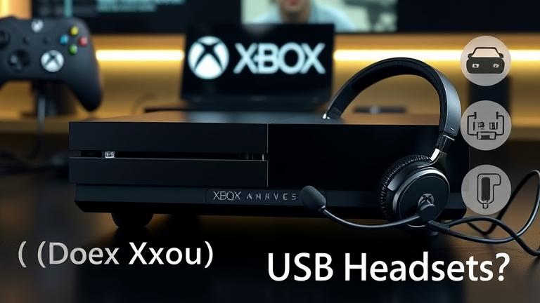 alt_text: Xbox with USB headset in sleek gaming setup, highlighting support for USB headsets.