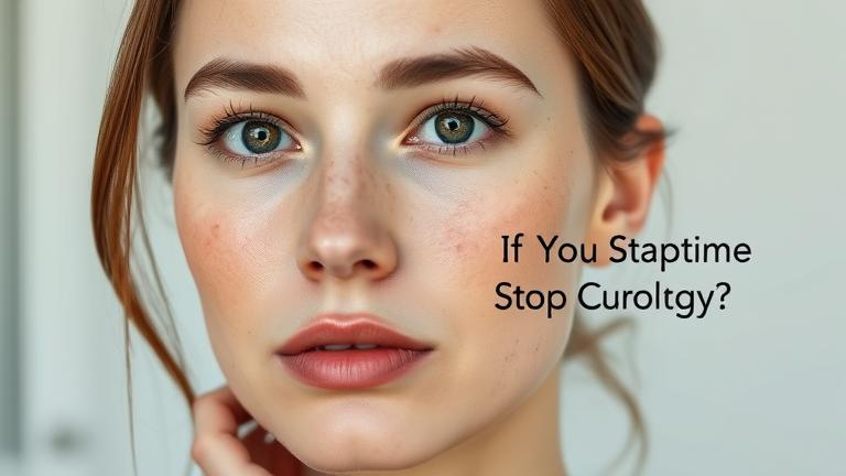 alt_text: Thoughtful person with skin concerns, clean background, minimal text about stopping Curology.
