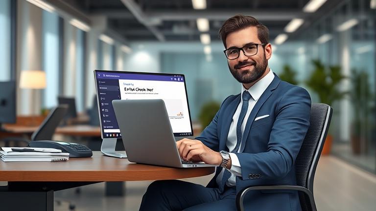 alt_text: IT pro fixing Teams Env_Check_Error on laptop with tools, code, and tech icons in modern office.