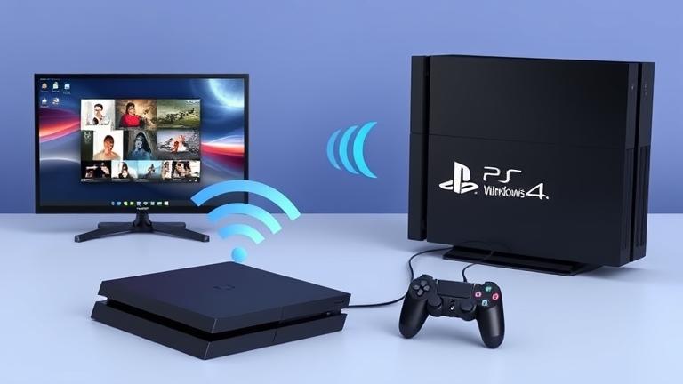 alt_text: PS4 connected wirelessly to PC displaying video transfer with icons and modern design.