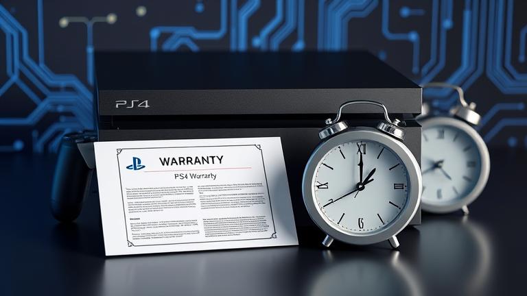 alt_text: PS4 console with warranty and clock, tech background, modern, detailed, informative.