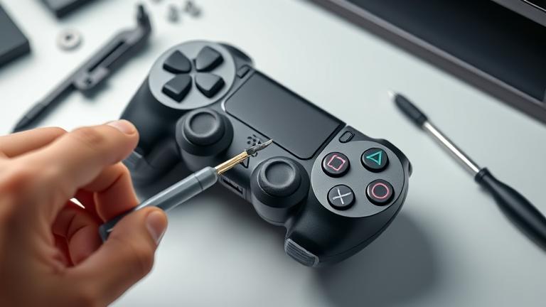 alt_text: Person holding small Phillips screwdriver near disassembled PS4 controller on a clean workspace.