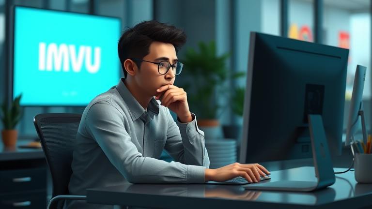 alt_text: Person at desk reactivates IMVU account; modern, tech vibe with login and notification hints.