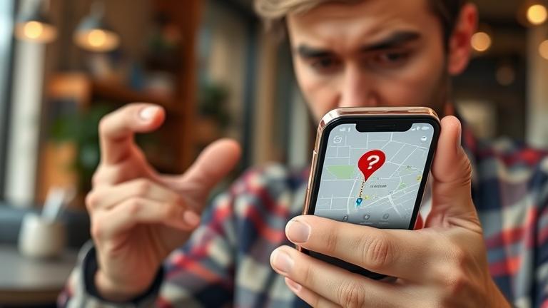 alt_text: Frustrated user checks iPhone with wrong location, in a modern coffee shop setting.