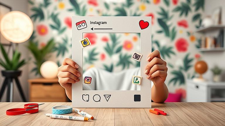 alt_text: Person creates a colorful DIY Instagram photo booth frame in a stylish, craft-filled space.