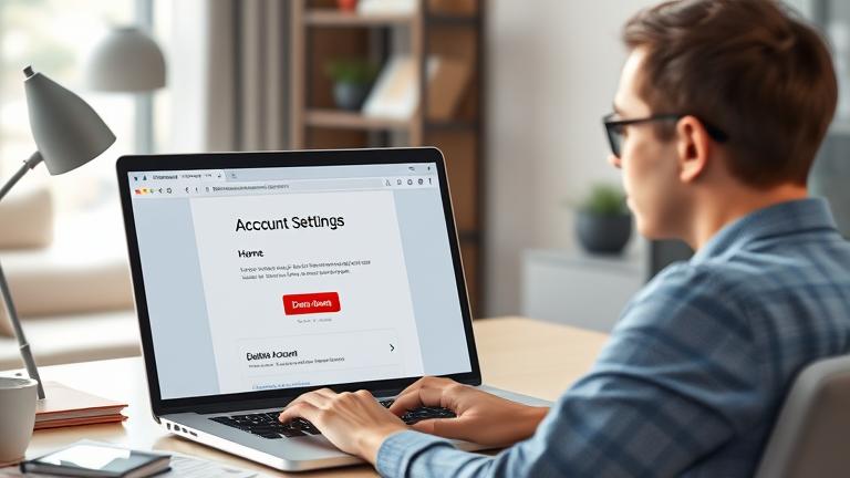 alt_text: Person at desk contemplating deleting account on laptop in a modern, professional setting.