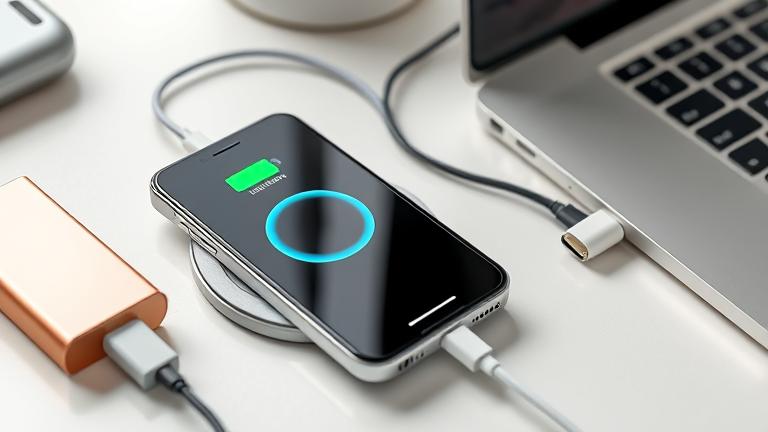 alt_text: iPhone charging via power bank, wireless pad, or USB-C, highlighting modern, alternative methods.