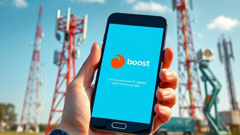 alt_text: Person using Boost Mobile app outdoors near towers, symbolizing network upgrades and connectivity.
