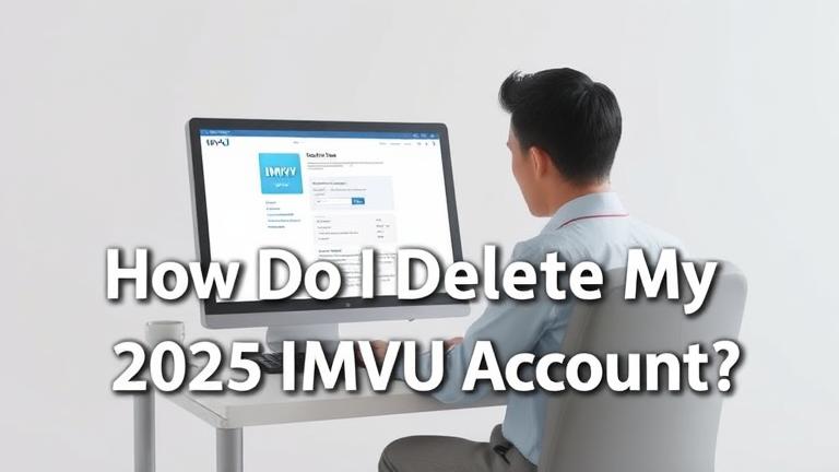 Person at desk with IMVU site, clicking delete; clean, modern design emphasizing privacy.