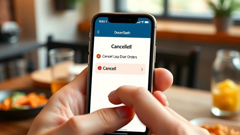 alt_text: Close-up of iPhone showing DoorDash cancellation, hand tapping in a cozy kitchen setting.