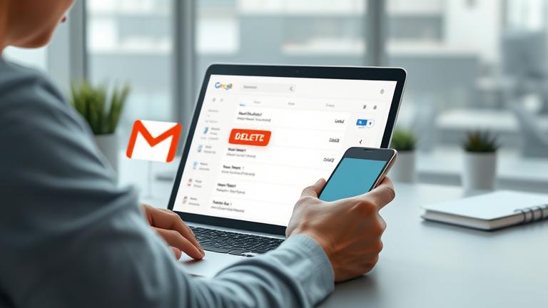 alt_text: Person managing Gmail contacts on laptop, highlighting delete options in a modern workspace.