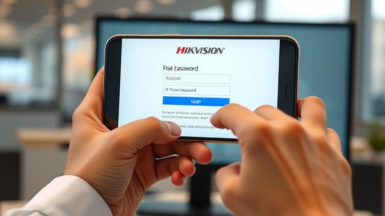 alt_text: Person holding device with Hikvision app login, highlighting reset/forgot password option.