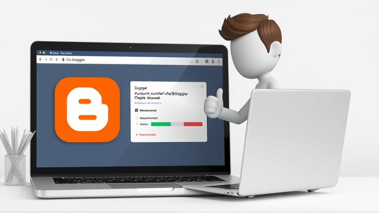 alt_text: Person managing Blogger account with delete warning on laptop, logo and settings visible.