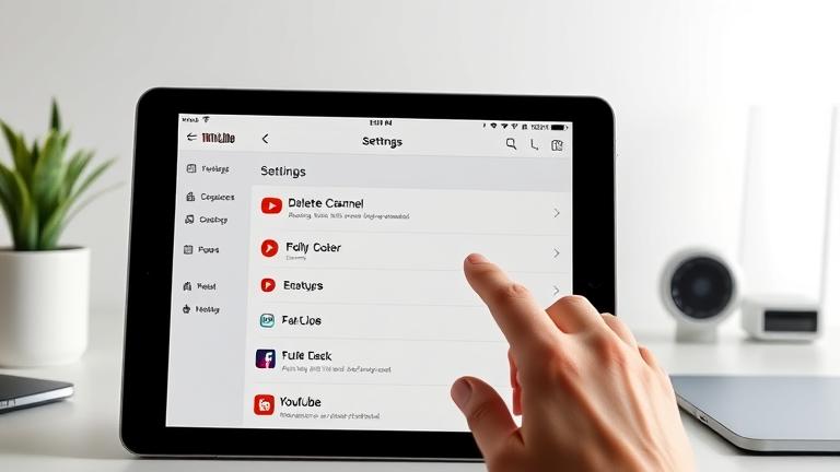 alt_text: Hands about to tap "Delete Channel" on iPad YouTube settings in a modern workspace.