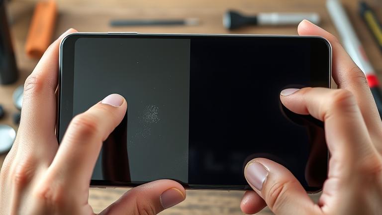 Alt_text: Person repairs a phone with dead pixels, gently tapping screen, revealing fixing process.
