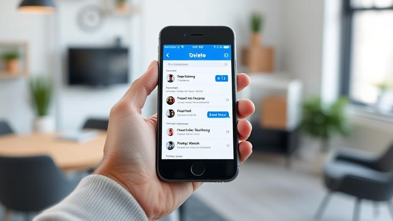 alt_text: Person managing Messenger contacts on phone in a modern workspace, highlighting delete options.