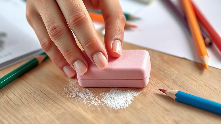 alt_text: Hand cleaning pink eraser with colored pencils on wood, sketchbooks in soft focus.