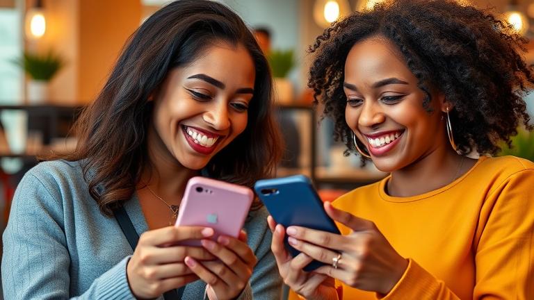 alt_text: Two friends smiling on their phones with Facebook elements, showing online friendship.