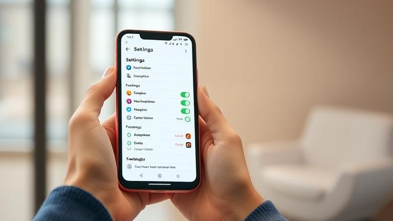 alt_text: Person holding Android phone with Messenger settings to disable emojis, modern clean background.