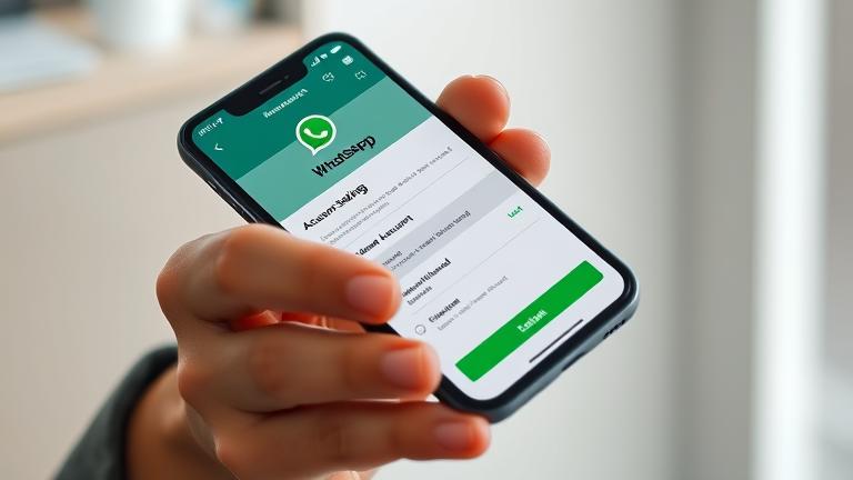 alt_text: Person holding phone with WhatsApp settings open, subtly guiding account deactivation.