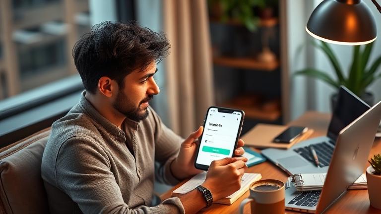 alt_text: Person at desk, considering deleting Tinder account, in cozy setting with coffee and notebooks.