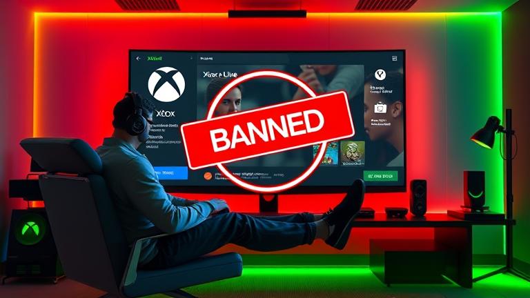 alt_text: Gamer at setup with "Banned" Xbox profile, symbolizing online ban and security.