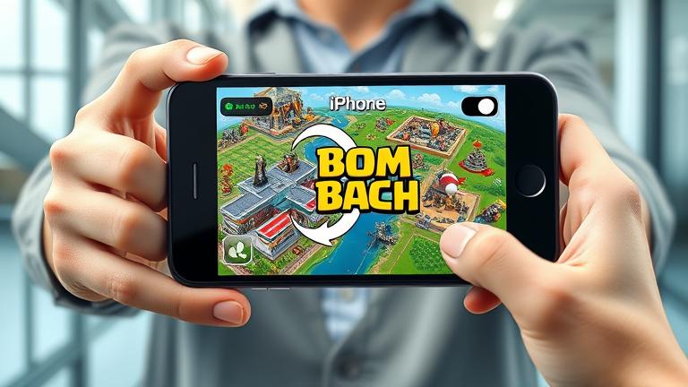 alt_text: Person holding Android and iPhone with Boom Beach screens, showing data transfer symbols.