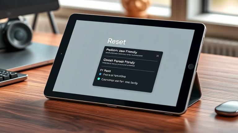 alt_text: Realistic Polaroid P900 tablet on a desk showing reset menu with workspace background.