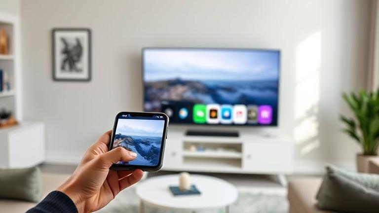 alt_text: Person connects iPhone X to TV, mirroring content in a modern, tidy living room.