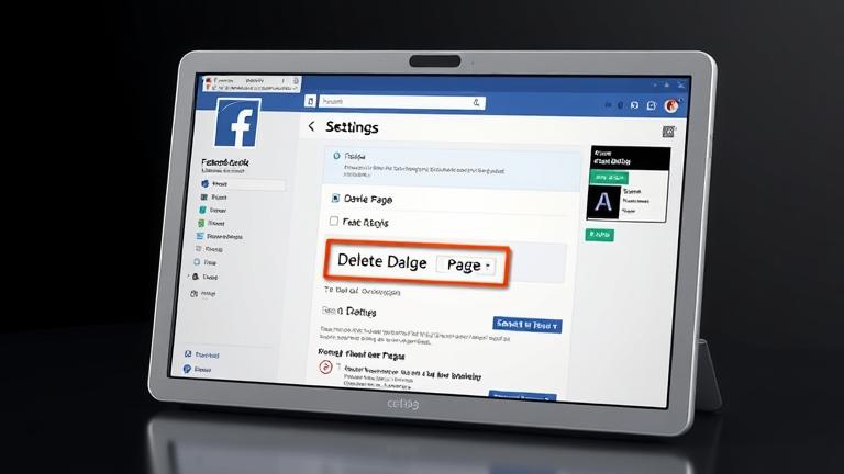 alt_text: Facebook Page settings on screen, highlighting "Delete Page" option, modern tutorial style.