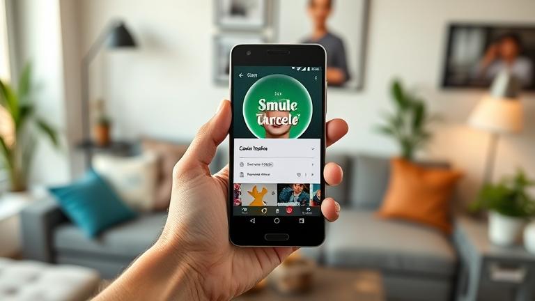 alt_text: Person holds Android phone with Smule app open, showing settings to cancel subscription.