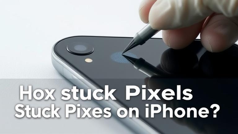 alt_text: iPhone with stuck pixels, technician troubleshooting on neutral background, with overlay text.