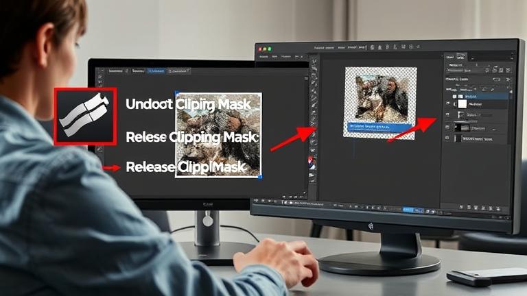 alt_text: User reverses a Photoshop clipping mask, shown on layers panel with highlights and tools.