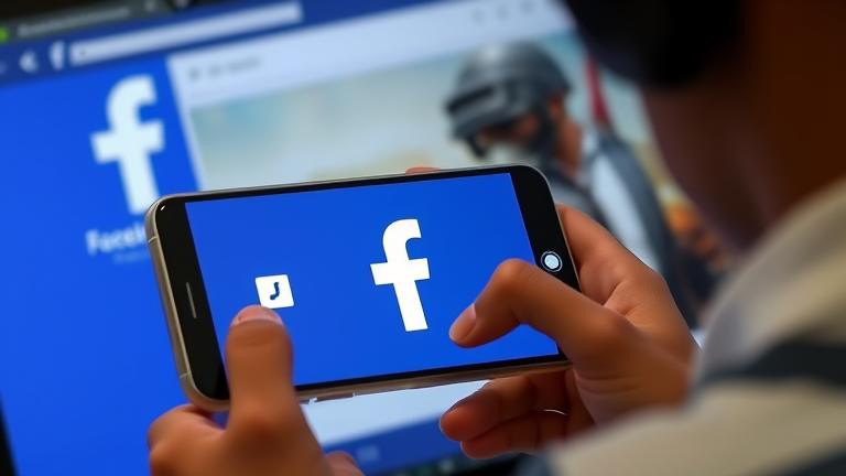 alt_text: Person manages PUBG account on phone with Facebook branding, showing settings and profile cues.