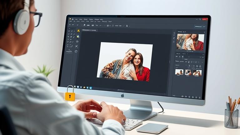 alt_text: Person uses Adobe Illustrator, unlocking an image layer in a modern, clean workspace.