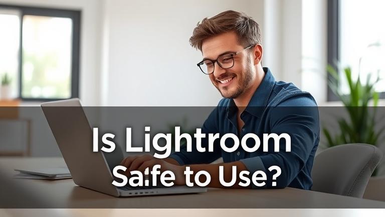 alt_text: Person working confidently on Lightroom in a modern, safe workspace with security icons.