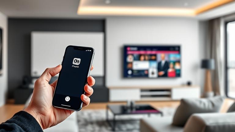 alt_text: A person connects an iPhone to a Sony TV in a modern living room, illustrating screen mirroring.