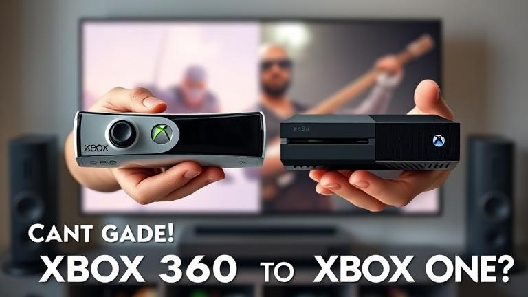 alt_text: Person holding Xbox 360 and Xbox One, with a gaming setup and "Can you upgrade Xbox 360 to Xbox One?" text.