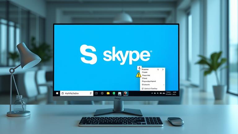 alt_text: Windows 10 screen showing Skype notifications with a warning icon, user frustrated in workspace.