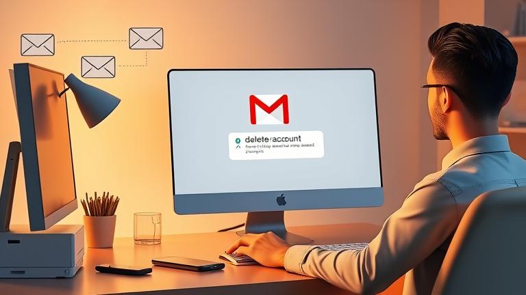 alt_text: Person at desk with Gmail, delete prompt, cluttered mailbox, phone, privacy symbols, warm lighting.