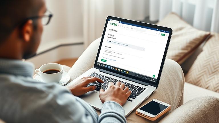 alt_text: Traveler updating email on laptop with VRBO site open, cozy home background.